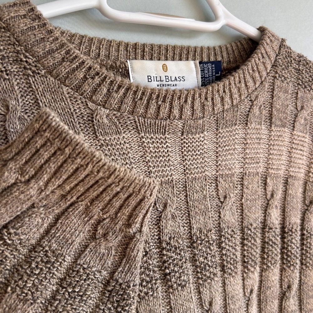 Bill Blass Grandpa Brown Striped Cable Knit Sweater Crew Neck Large Made in USA